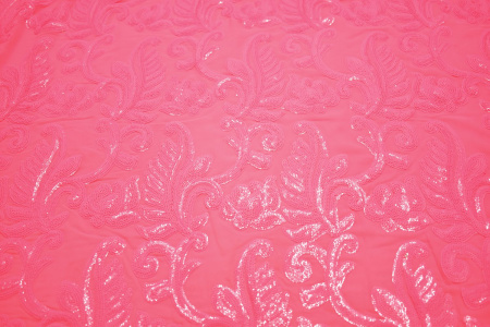 Сетка розовая с пайетками листья W-130643