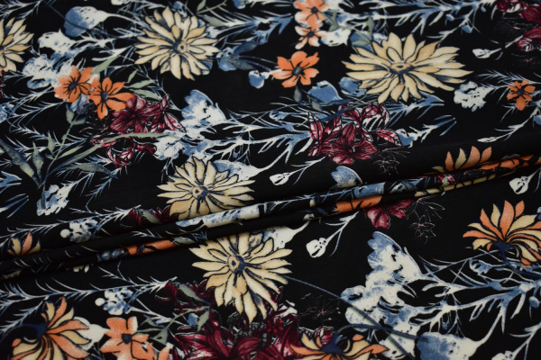 Плательная черная ткань цветочный узор W-132248