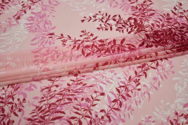 Сетка-стрейч розовая бордовая листья W-131911