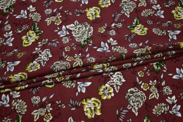 Плательная бордовая ткань цветочный узор W-132568