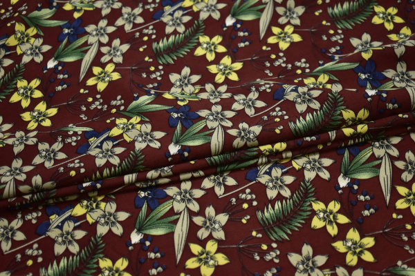 Плательная бордовая ткань цветочный узор W-132567