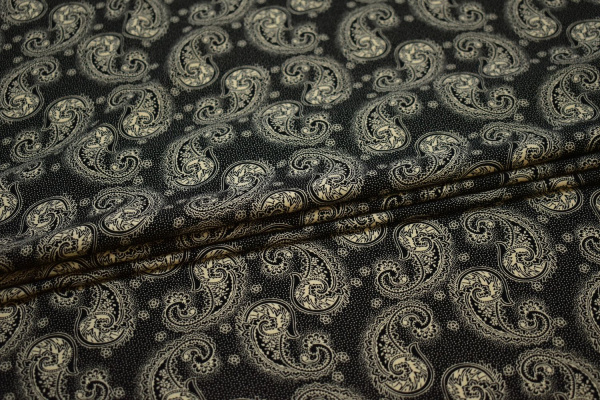 Плательная черная бежевая ткань пейсли W-132860