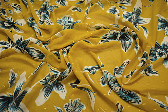 Шифон желтый бирюзовый цветы листья W-131562