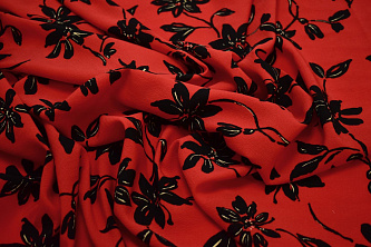 Плательная красная черная ткань цветы W-132112