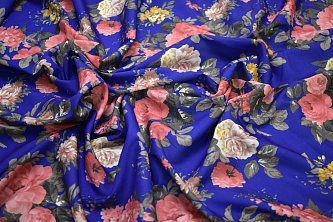 Плательная синяя розовая ткань цветы W-131764