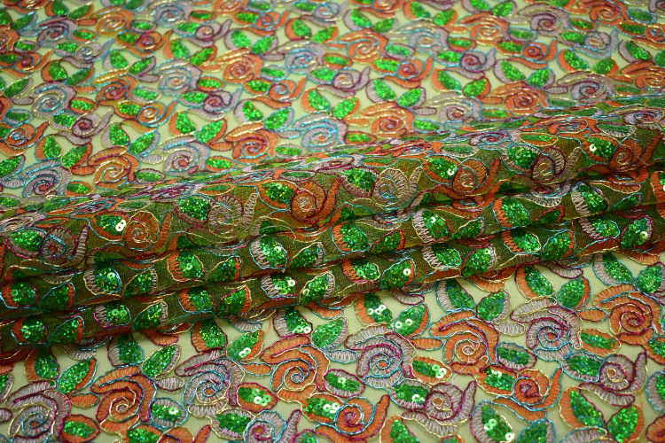 Сетка зеленая оранжевая с вышивкой узор W-132385