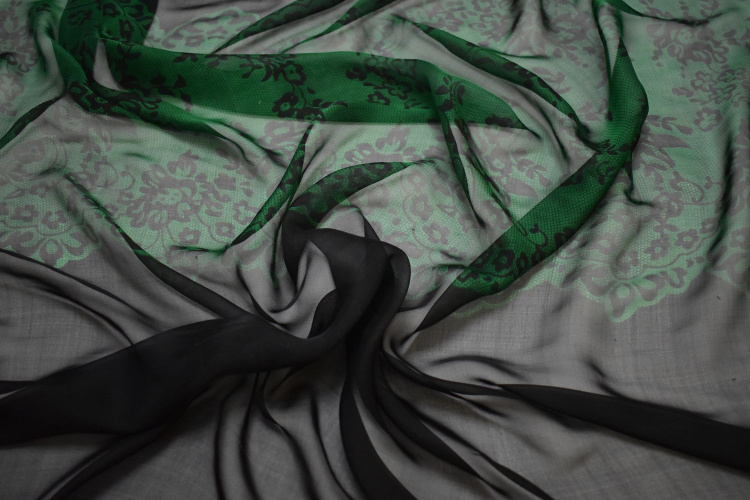 Шёлк-шифон зеленый черный цветы листья W-129390