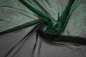 Шёлк-шифон зеленый черный цветы листья W-129390
