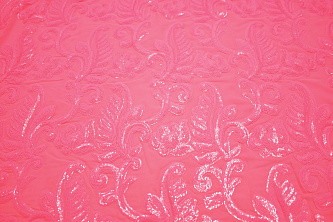 Сетка розовая с пайетками листья W-130643
