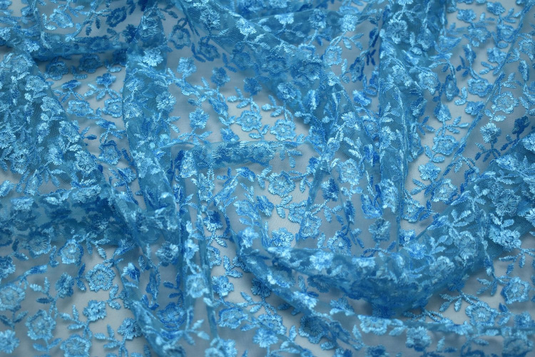Гипюр голубой цветы W-125502