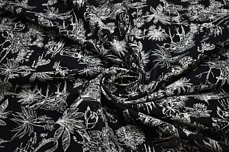 Костюмная ткань черная белая цветы листья W-133055