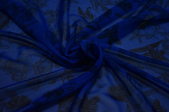 Шифон синий черный цветы W-127524