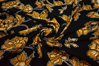 Плательная горчичная черная ткань цветы W-132503