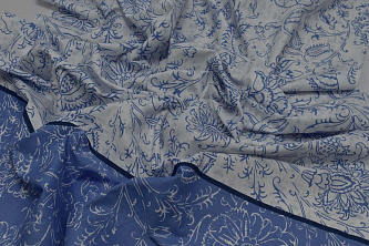 Скатертная ткань синяя Цветы и листья W-133519