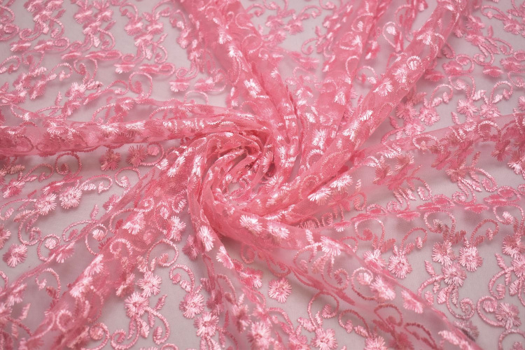 Гипюр розовый цветы W-125497