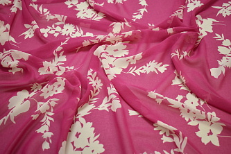 Шифон розовый белый цветы листья W-130659