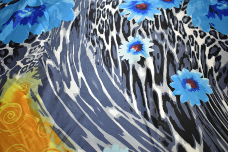 Атлас голубой цветы леопард W-128788
