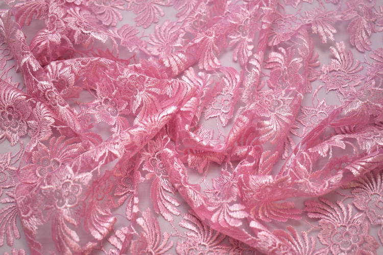 Гипюр розовый цветы W-125477