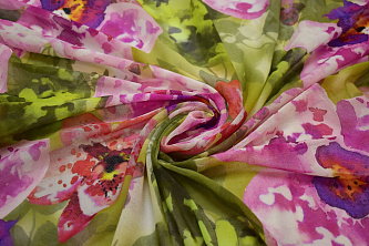 Сетка-стрейч розовая салатовая цветы W-131915