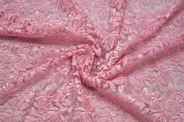 Гипюр розовый цветы W-125478