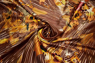 Атлас коричневый цветочный узор полоски W-132429