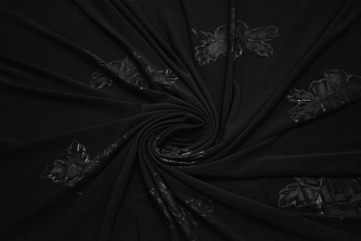 Трикотаж черный цветы W-126116