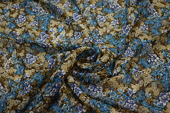 Шифон голубой коричневый цветы W-129991