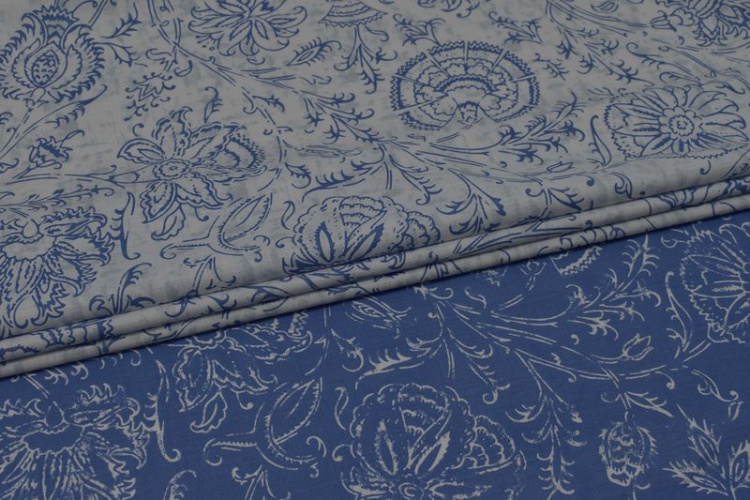 Скатертная ткань синяя Цветы и листья W-133519