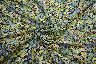 Шифон голубой зеленый цветы листья W-131250