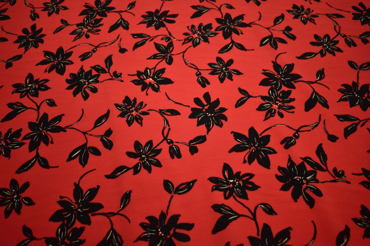 Плательная красная черная ткань цветы W-132112