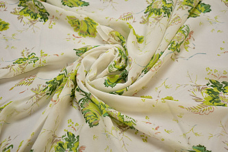 Шифон белый салатовый цветы листья W-131248