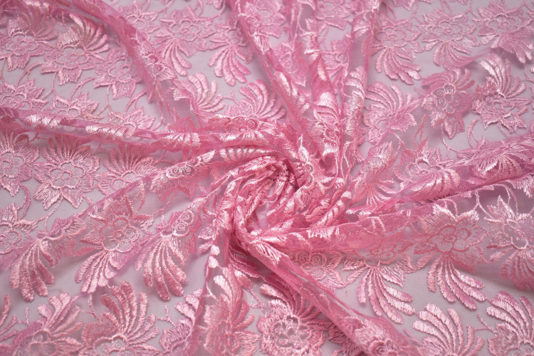Гипюр розовый цветы W-125477