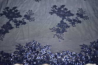 Сетка синяя с пайетками цветы W-129482