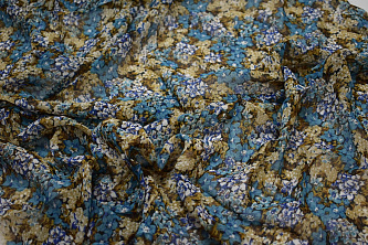 Шифон голубой коричневый цветы W-129991