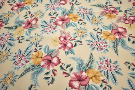 Плательная бежевая голубая ткань цветы листья W-133031