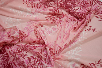 Сетка-стрейч розовая бордовая листья W-131911