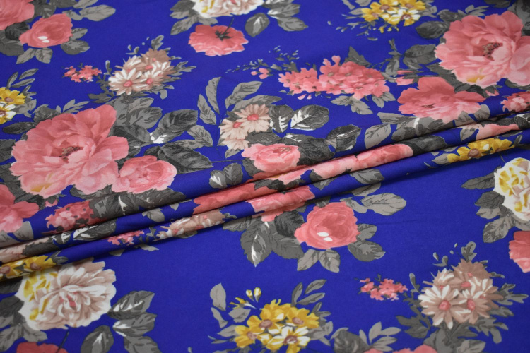 Плательная синяя розовая ткань цветы W-131764