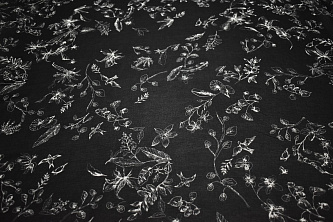 Шифон черный белый листья цветы птицы W-131966
