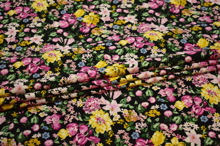 Плательная желтая розовая ткань цветы W-133033