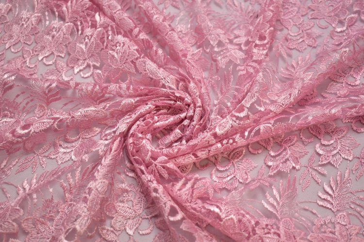 Гипюр розовый цветы W-125504