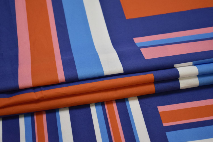 Плательная синяя оранжевая ткань полоска W-132129