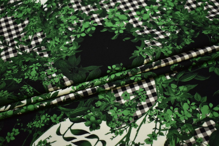Плательная зеленая черная ткань цветы W-132114