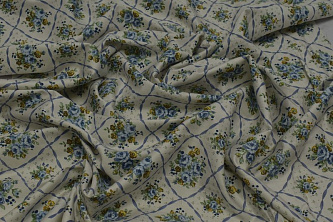 Скатертная ткань сине-голубая Цветы и листья W-133518
