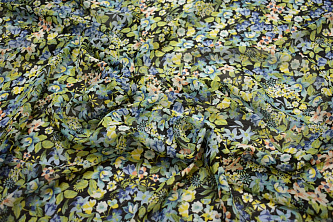 Шифон голубой зеленый цветы листья W-131250