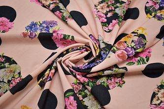 Плательная розовая ткань круги цветы W-132939