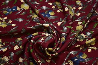 Плательная бордовая ткань цветы узор W-131765