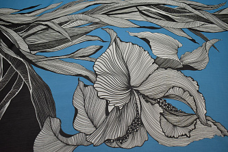 Шифон голубой белый цветы листья W-130663