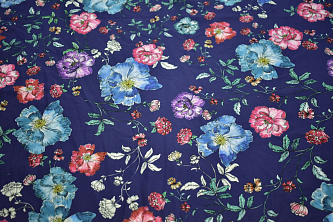 Плательная синяя ткань цветы W-129126